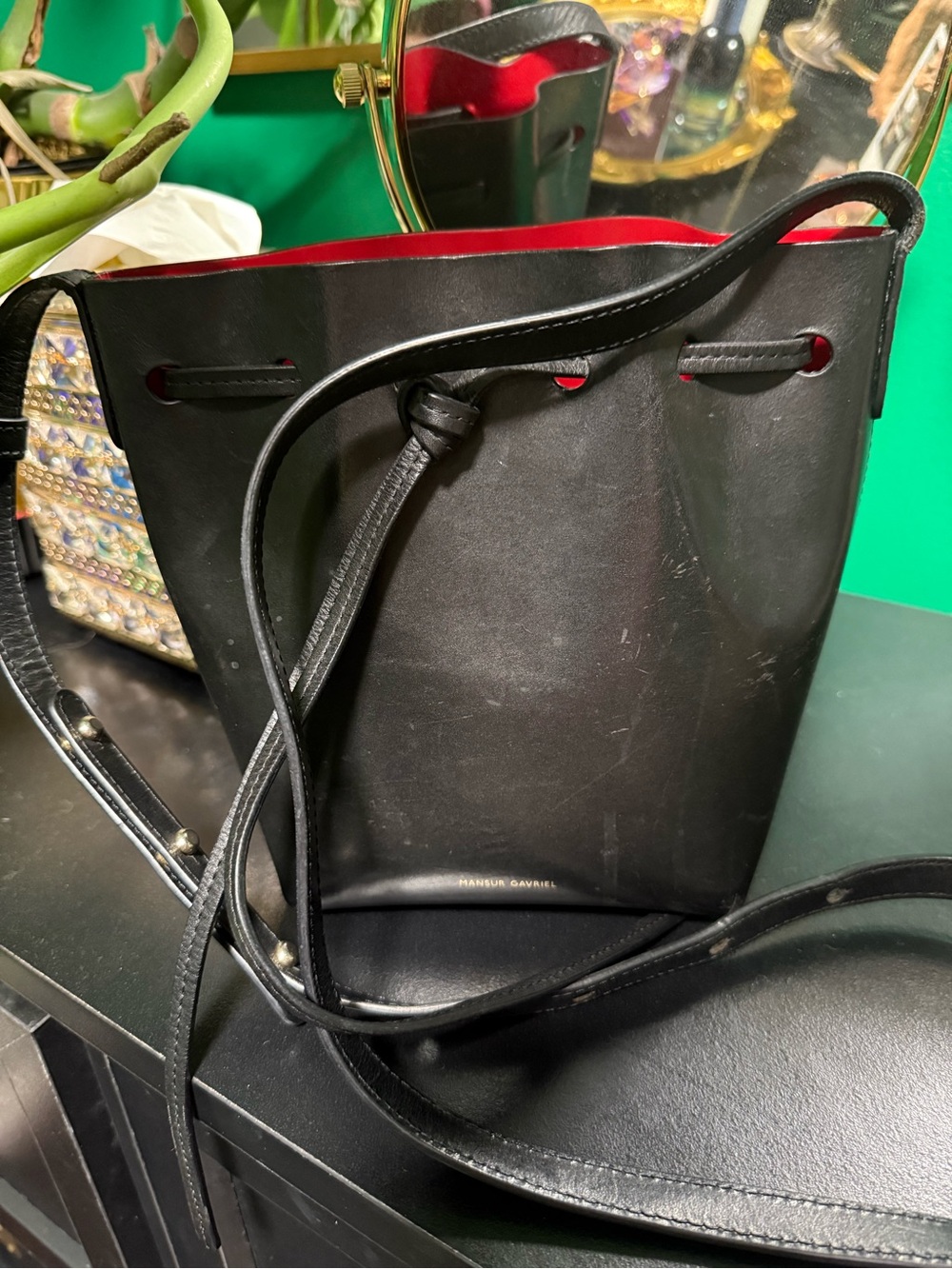Mansur Gavriel Black Leather Bucket Bag with Red Interior Trim